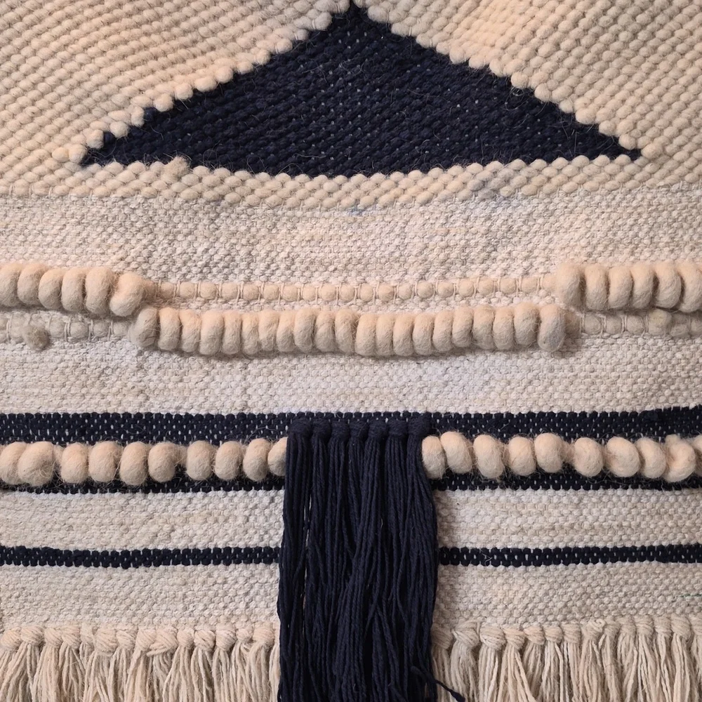 Vintage Handcrafted Cotton wool Handwoven Blue Ivory Tassel Boho wall hanging